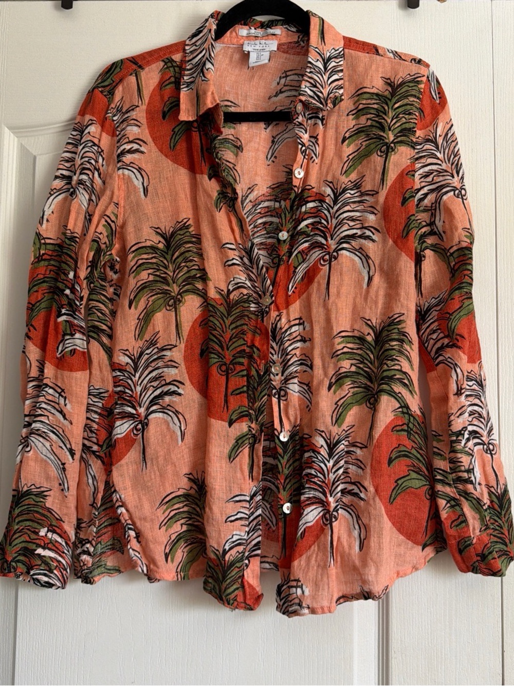 Nicole Miller 100% Linen Lightweight Palm-Print Button-Up Shirt - Peach/Orange